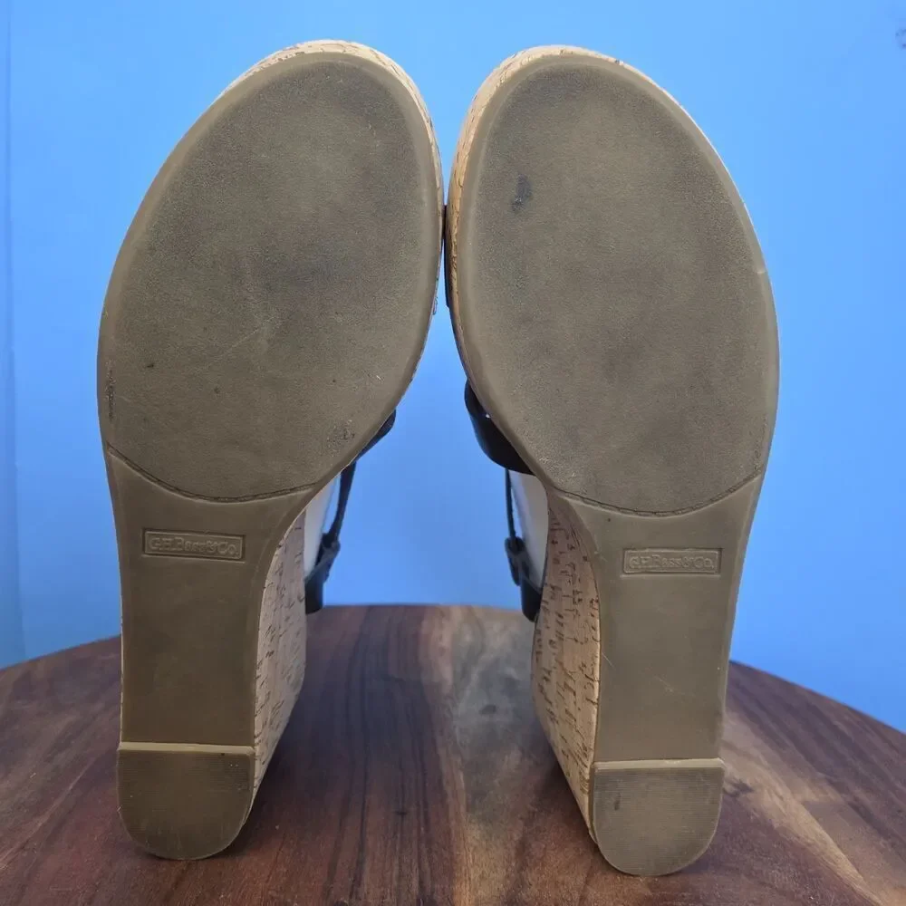 G.H. Bass & Co Garland Black Leather Wedge Cork Heel Sandals Womens 8M